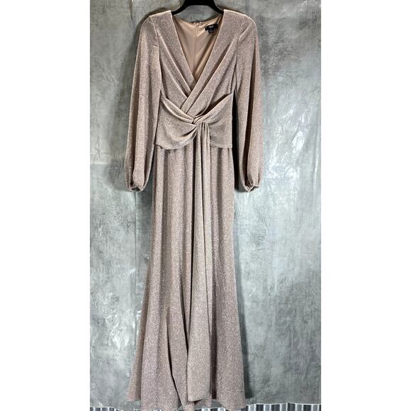 AQUA FORMAL Women's Blush Twist-Front Metallic V-Neck Long-Sleeve Gown SZ 2 - Picture 2 of 13